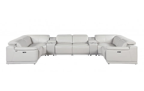 9762 DivanItalia Light Gray 8-Piece Sectional – Top Grain Italian Leather with 2 Power Recliners and 2 ConsolesModel:  9762-LT-GREY-8PC-2PWR-U-SECTIONAL-GROUP