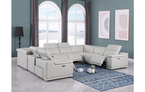9762 DivanItalia Light Gray 8-Piece Sectional – Top Grain Italian Leather with 4 Power ReclinersModel:  9762-LT-GREY-8PC-4PWR-U-NC-SECT-GROUP