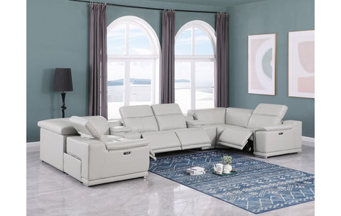 9762 DivanItalia Light Gray 8-Piece Sectional – Top Grain Italian Leather with 4 Power Recliners and 2 ConsolesModel:  9762-LT-GREY-8PC-4PWR-U-SECTIONAL-GROUP