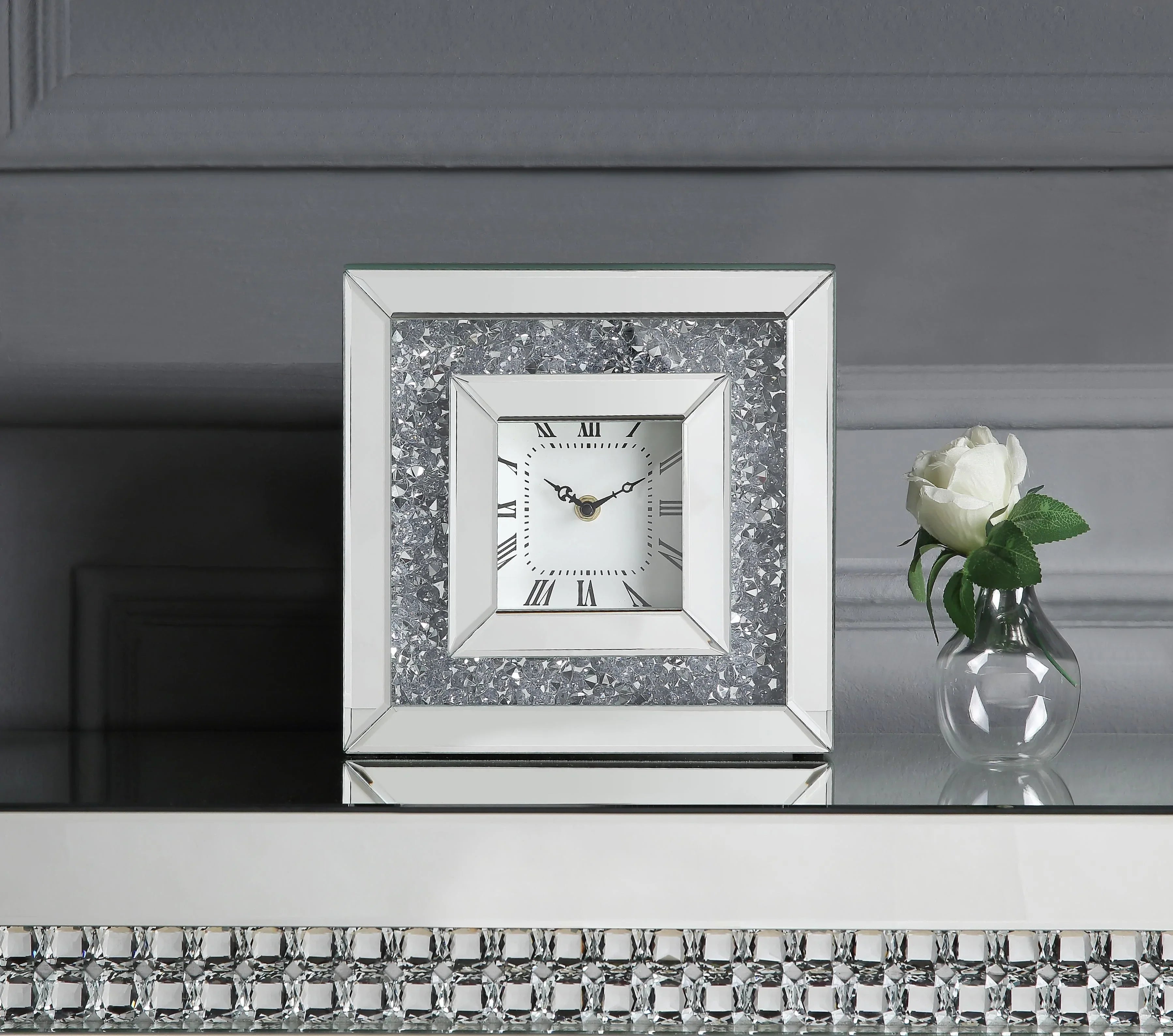 Noralie Mirrored & Faux Diamonds Accent Clock Model 97817 By ACME Furniture