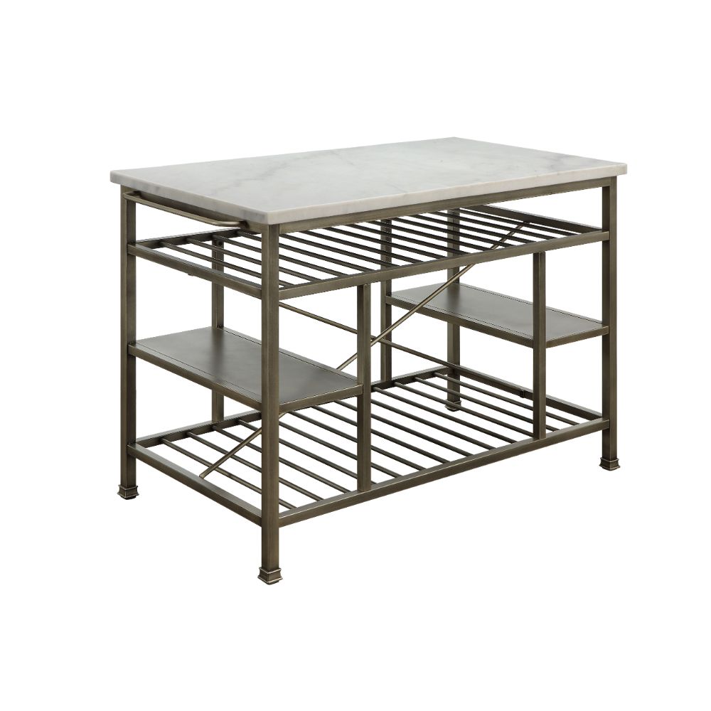 ACME Lanzo Marble Top & Antique Pewter Finish Lanzo Kitchen Island Model 98402