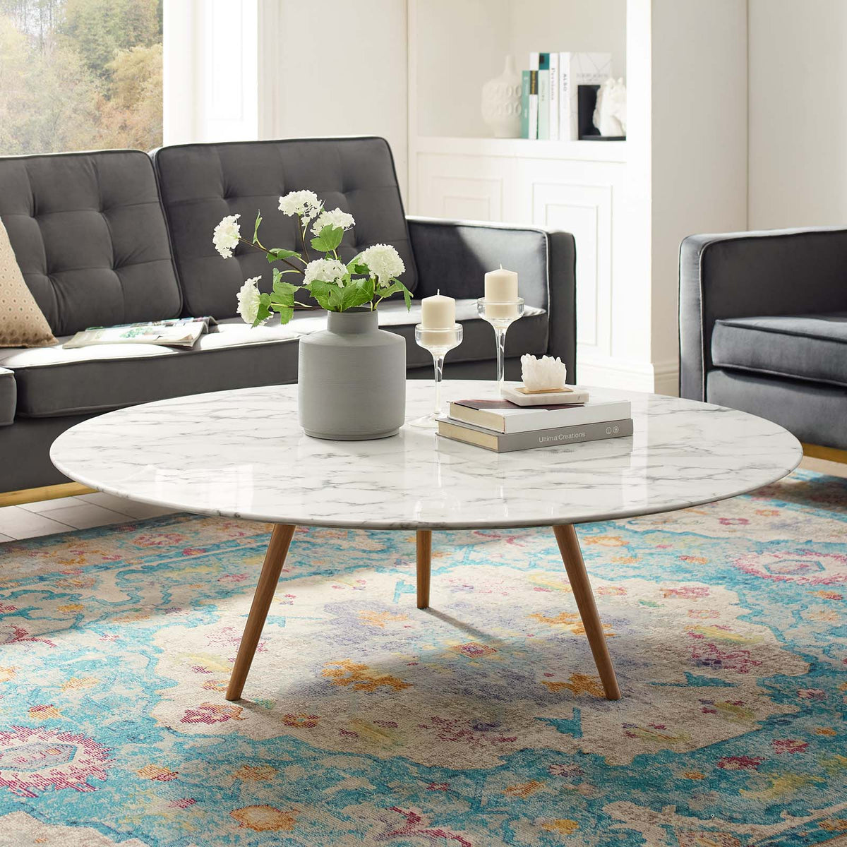 Lippa 48" Round Artificial Marble Coffee Table with Tripod Base Modway Model: eei-3669