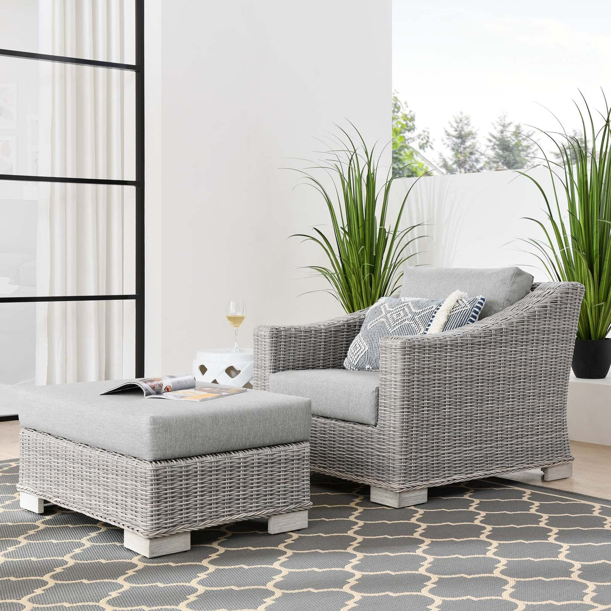 Conway Outdoor Patio Wicker Rattan 2-Piece Armchair and Ottoman Set Modway Model: eei-5090