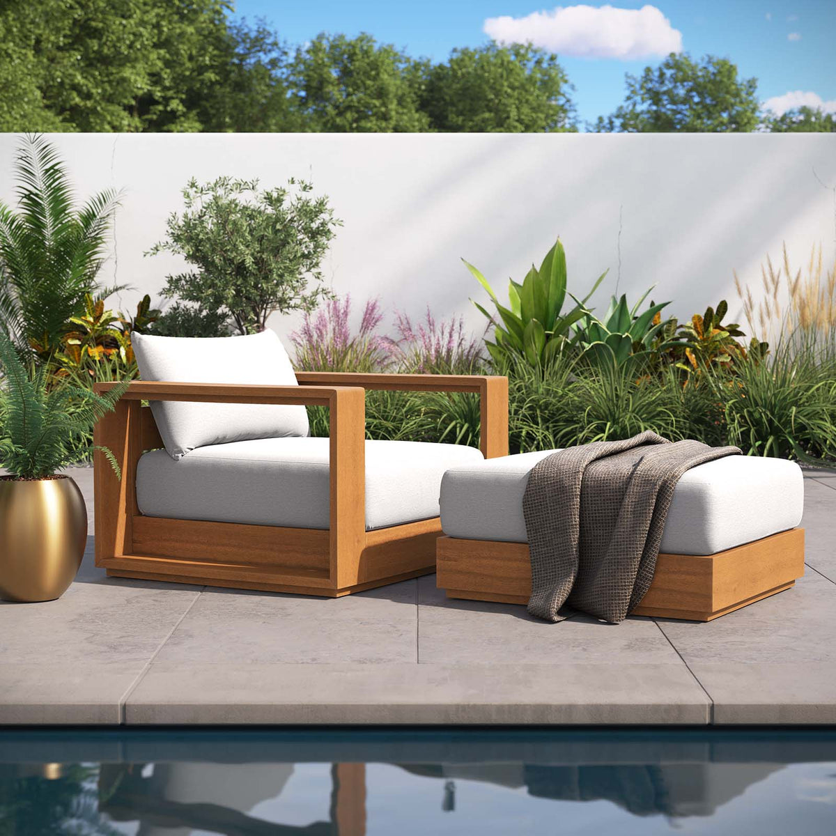 Tahoe Outdoor Patio Acacia Wood 2-Piece Armchair and Ottoman Set Modway Model: eei-6800