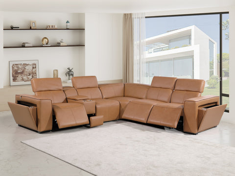 1224 - Caviani Cognac 6-Piece L-Shaped Modular Power Reclining Sectional with 3 Power Recliners and Power Headrests - Top Grain Italian Leather