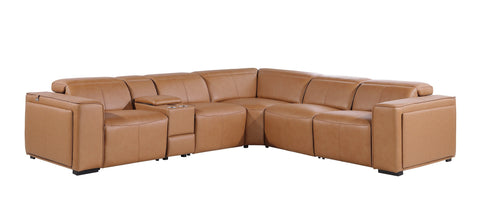 1224 - Caviani Cognac 6-Piece L-Shaped Modular Power Reclining Sectional with 3 Power Recliners and Power Headrests - Top Grain Italian Leather