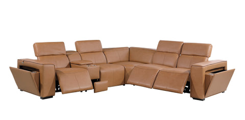 1224 - Caviani Cognac 6-Piece L-Shaped Modular Power Reclining Sectional with 3 Power Recliners and Power Headrests - Top Grain Italian Leather