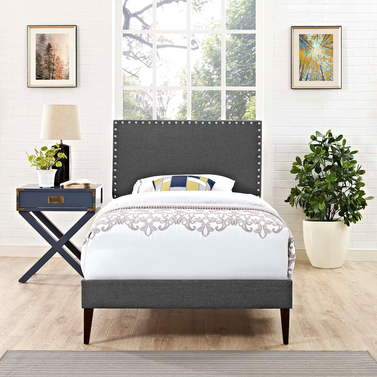 Macie Fabric Platform Bed with Squared Tapered Legs Modway Model: mod-5967