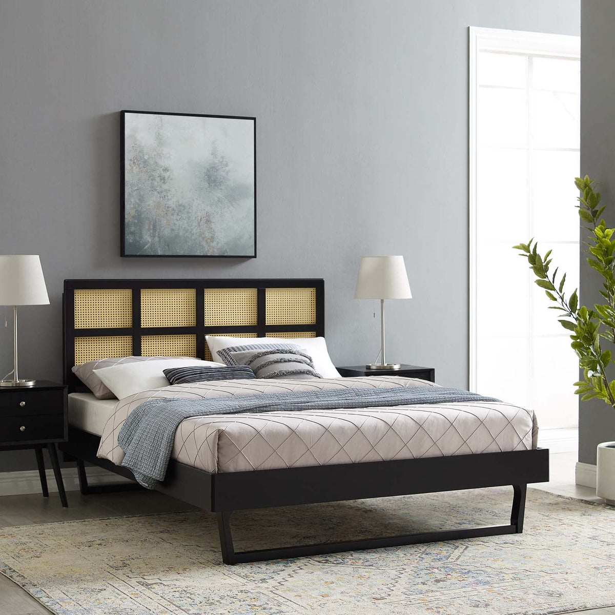 Sidney Cane and Wood Platform Bed With Angular Legs Modway Model: mod-6369