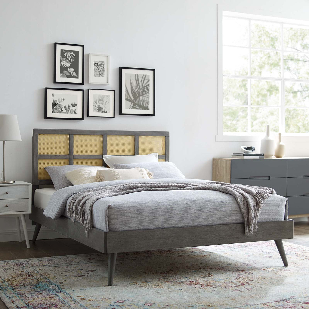 Sidney Cane and Wood Platform Bed With Splayed Legs Modway Model: mod-6374