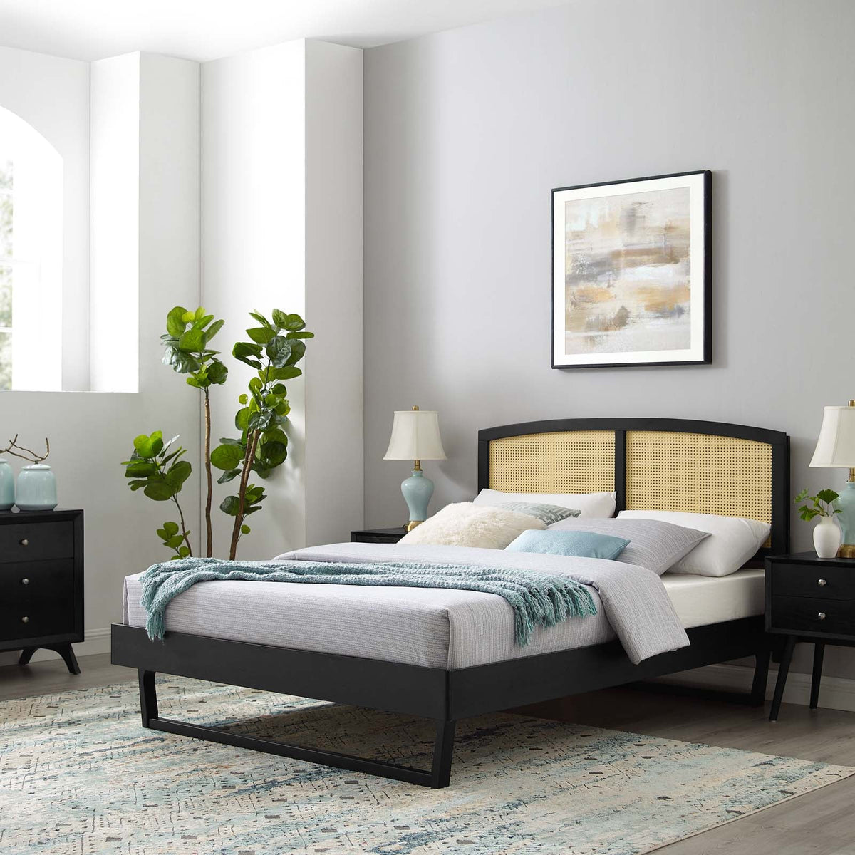 Sierra Cane and Wood Platform Bed With Angular Legs Modway Model: mod-6375