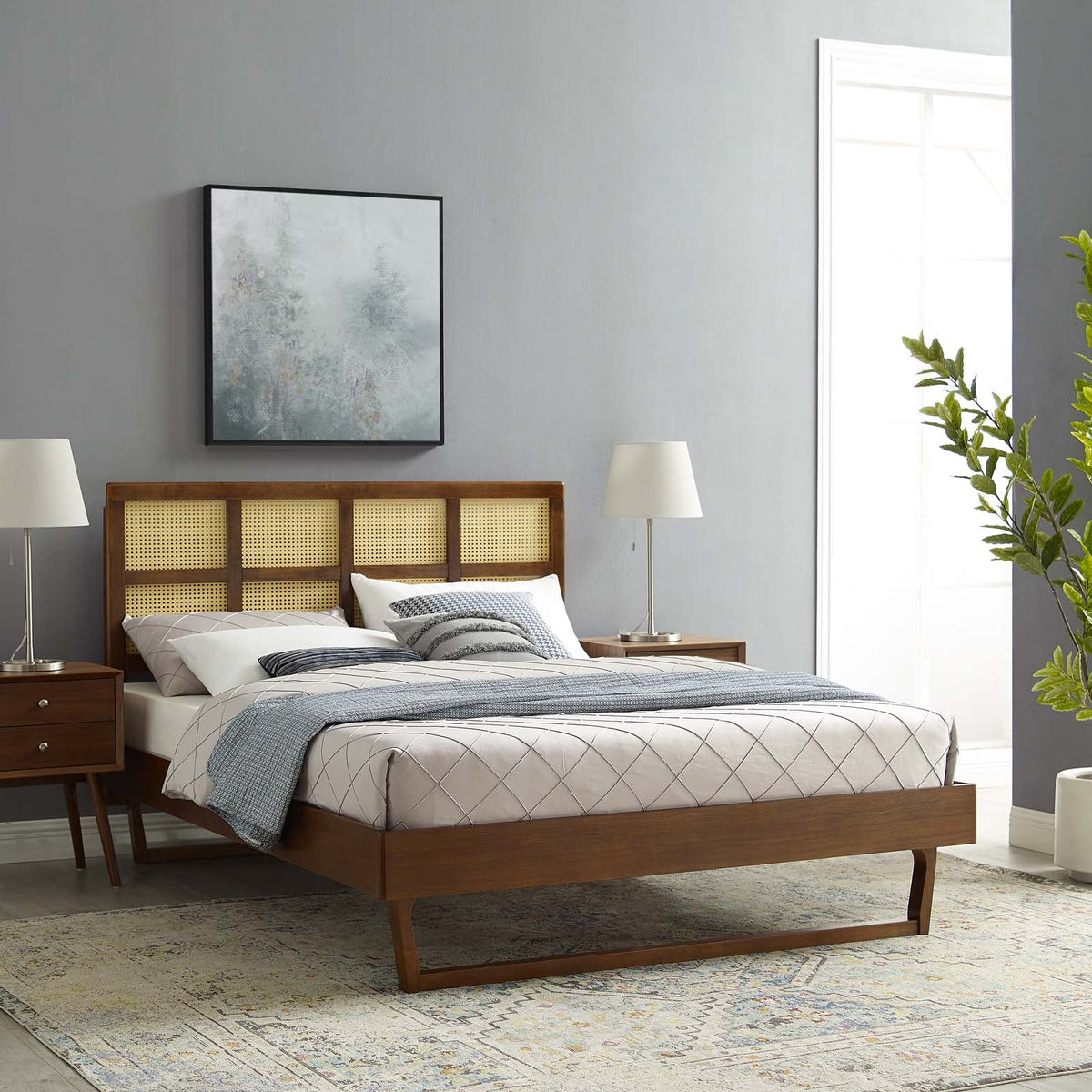Sidney Cane and Wood Platform Bed With Angular Legs Modway Model: mod-6377