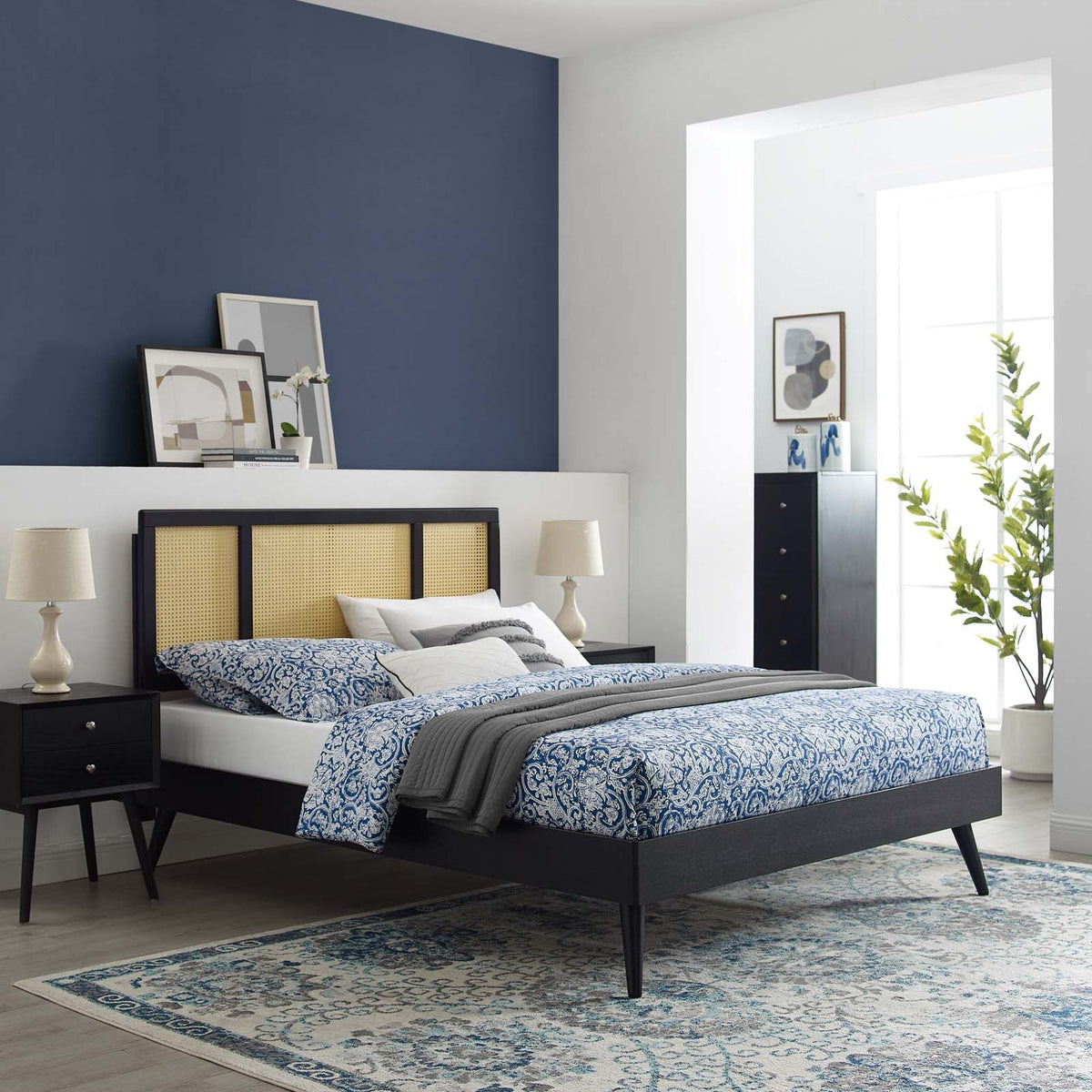 Kelsea Cane and Wood Platform Bed With Splayed Legs Modway Model: mod-6698