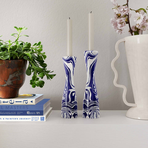 Serene Blue & White Swirl Resin Medium Candlestick Model: TOV-C18469