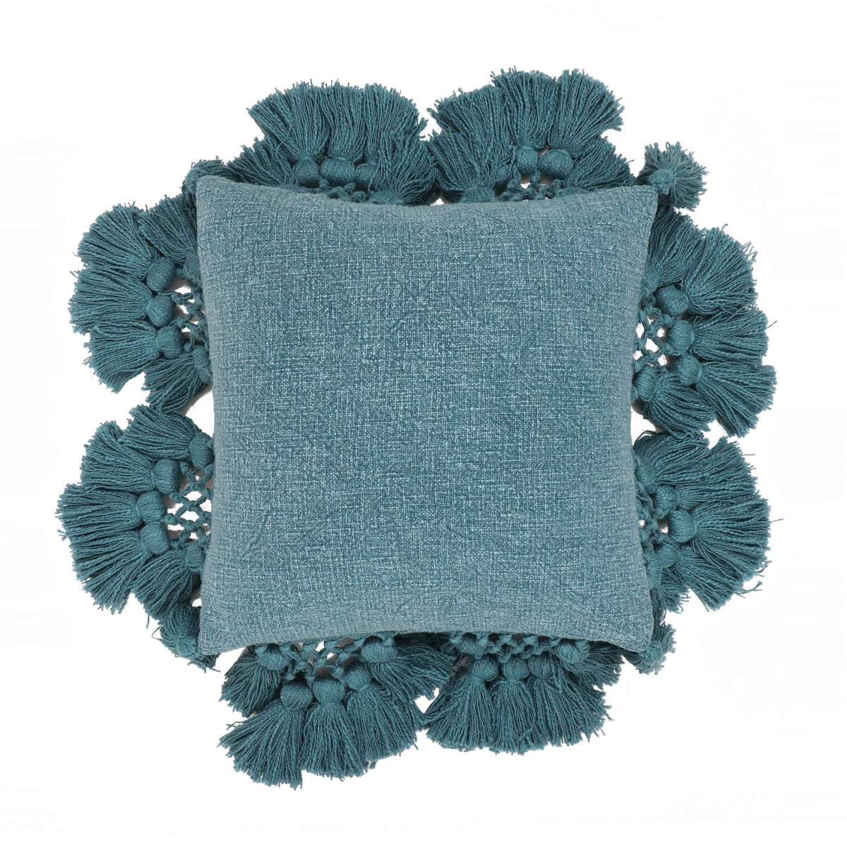 Stone Washed Denim Blue Cotton Tasseled Pillow Model: TOV-C18589