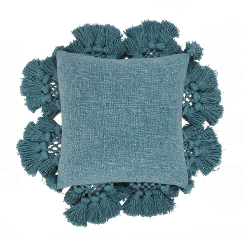 Stone Washed Denim Blue Cotton Tasseled Pillow Model: TOV-C18589