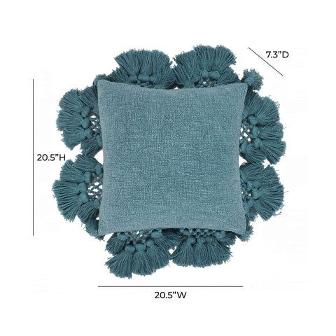 Stone Washed Denim Blue Cotton Tasseled Pillow Model: TOV-C18589