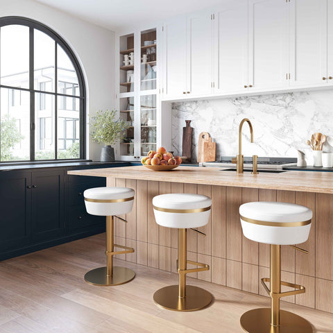 Astro White Performance Vegan Leather and Gold Adjustable Stool Model: TOV-D68298