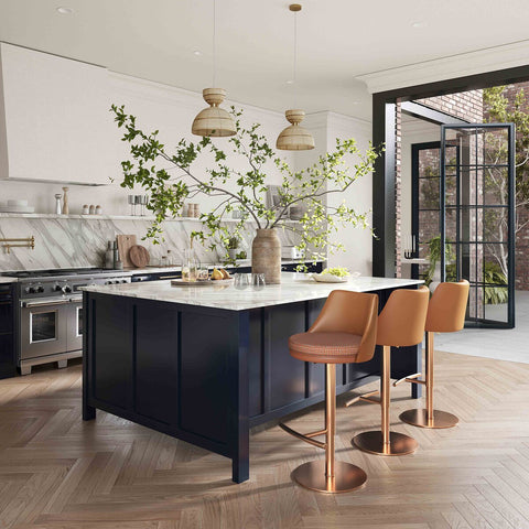 Reagan Cafe Au Lait Performance Vegan Leather and Houndstooth Adjustable Swivel Stool Model: TOV-D68830