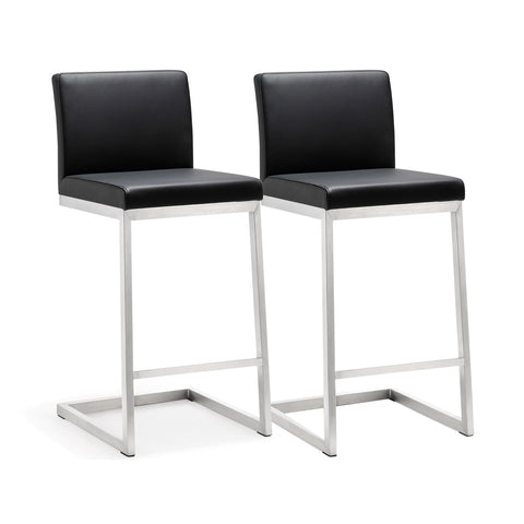 Parma Black Performance Vegan Leather and Stainless Steel Counter Stool - Set of 2 Model: TOV-K3604