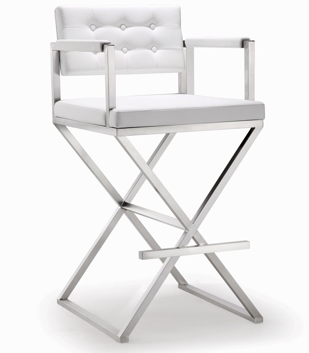 Director White Performance Vegan Leather and Stainless Steel Barstool Model: TOV-K3626
