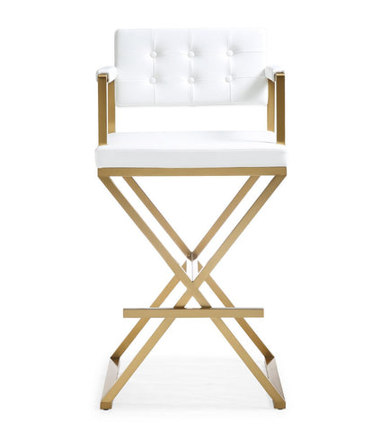 Director White Performance Vegan Leather and Gold Steel Barstool Model: TOV-K3670