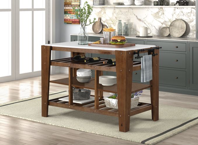 ACME Alaroa Marble Top & Rustic Brown Finish Alaroa Kitchen Island  Model AC00396