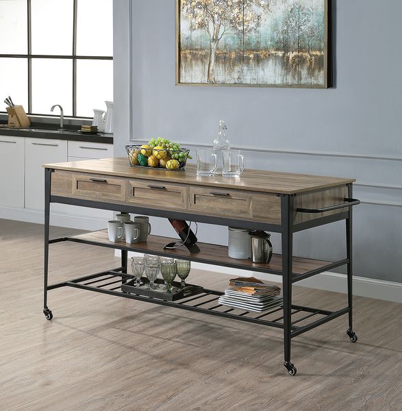 ACME Macaria Rustic Oak & Black Finish Macaria Kitchen Island Model AC00402