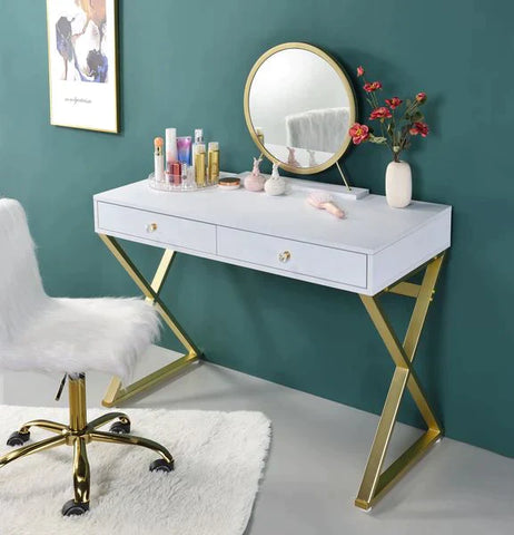 Coleen White & Gold Finish Vanity Desk Model AC00667 By ACME Furniture