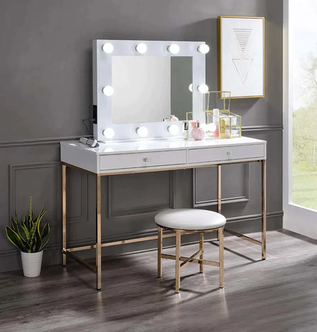 Ottey White High Gloss & Gold Finish Vanity Desk Model AC00899 By ACME Furniture