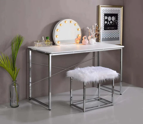 Tennos White & Chrome Finish Vanity Desk Model AC00903 By ACME Furniture