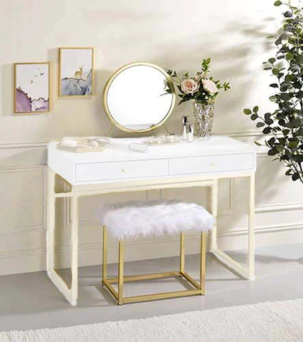 Adao Faux Fur, Mirror, White & Brass Finish Vanity Mirror Model AC00932 By ACME Furniture