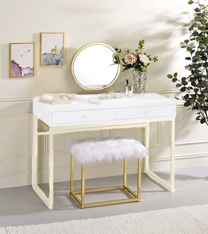 ACME Adao Faux Fur, Mirror, White & Brass Finish Adao Vanity Mirror Model AC00932