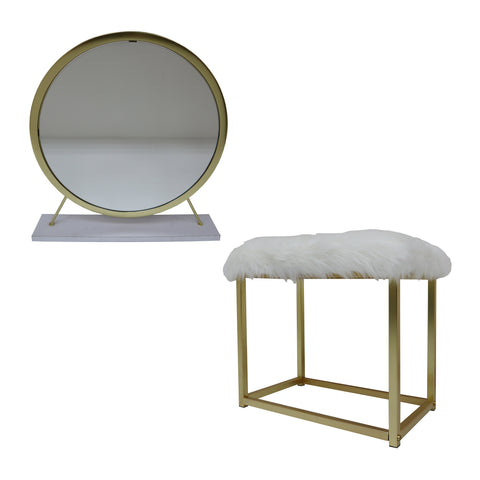 ACME Adao Faux Fur, Mirror, White & Brass Finish Adao Vanity Mirror Model AC00932