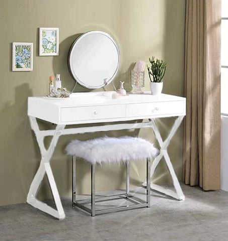Adao Faux Fur, Mirror, White & Chrome Finish Vanity Mirror Model AC00935 By ACME Furniture