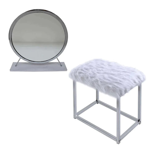 Adao Faux Fur, Mirror, White & Chrome Finish Vanity Mirror Model AC00935 By ACME Furniture