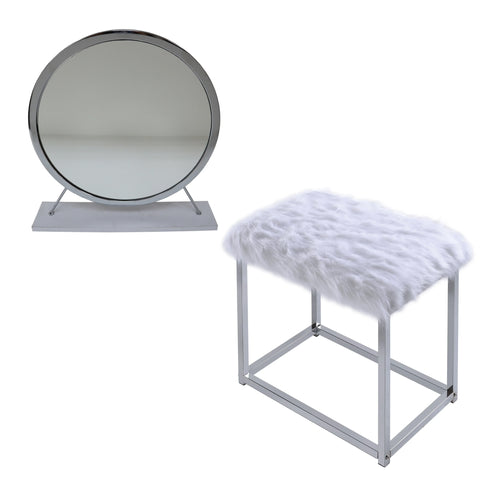 Adao Faux Fur, Mirror, White & Chrome Finish Vanity Mirror Model AC00935 By ACME Furniture