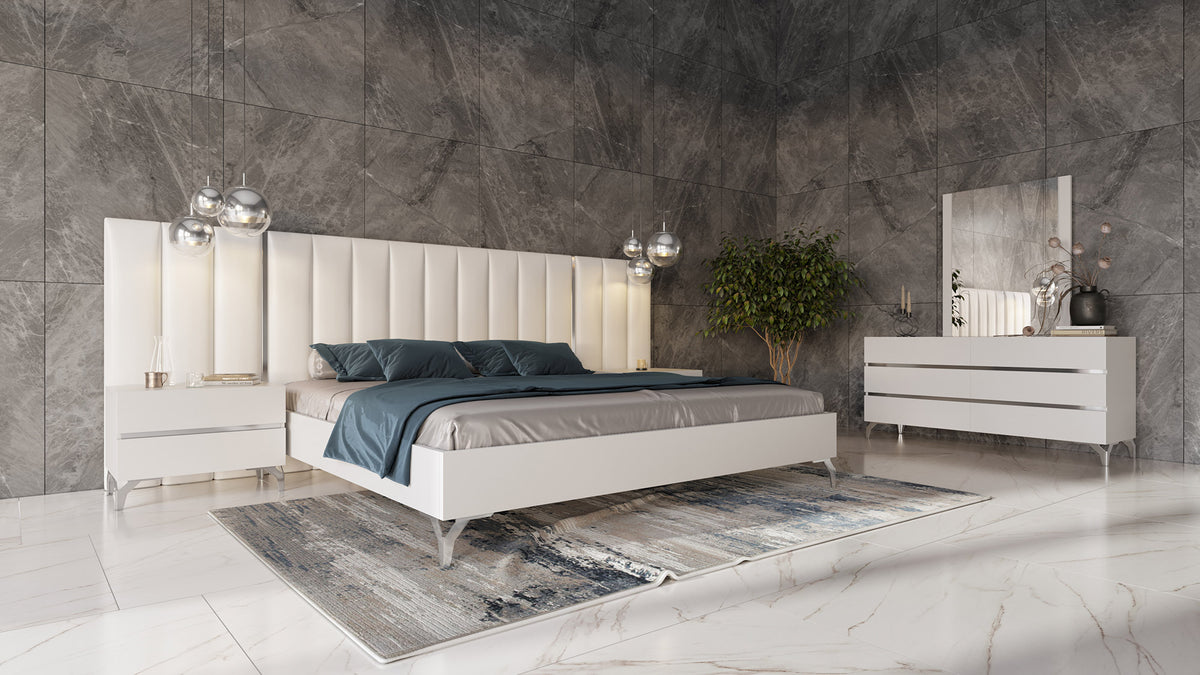 Nova Domus Angela Eastern King Italian Modern White Eco Leather Bed With Nightstands And Wings Model VGACANGELA-SET-WINGS-EK