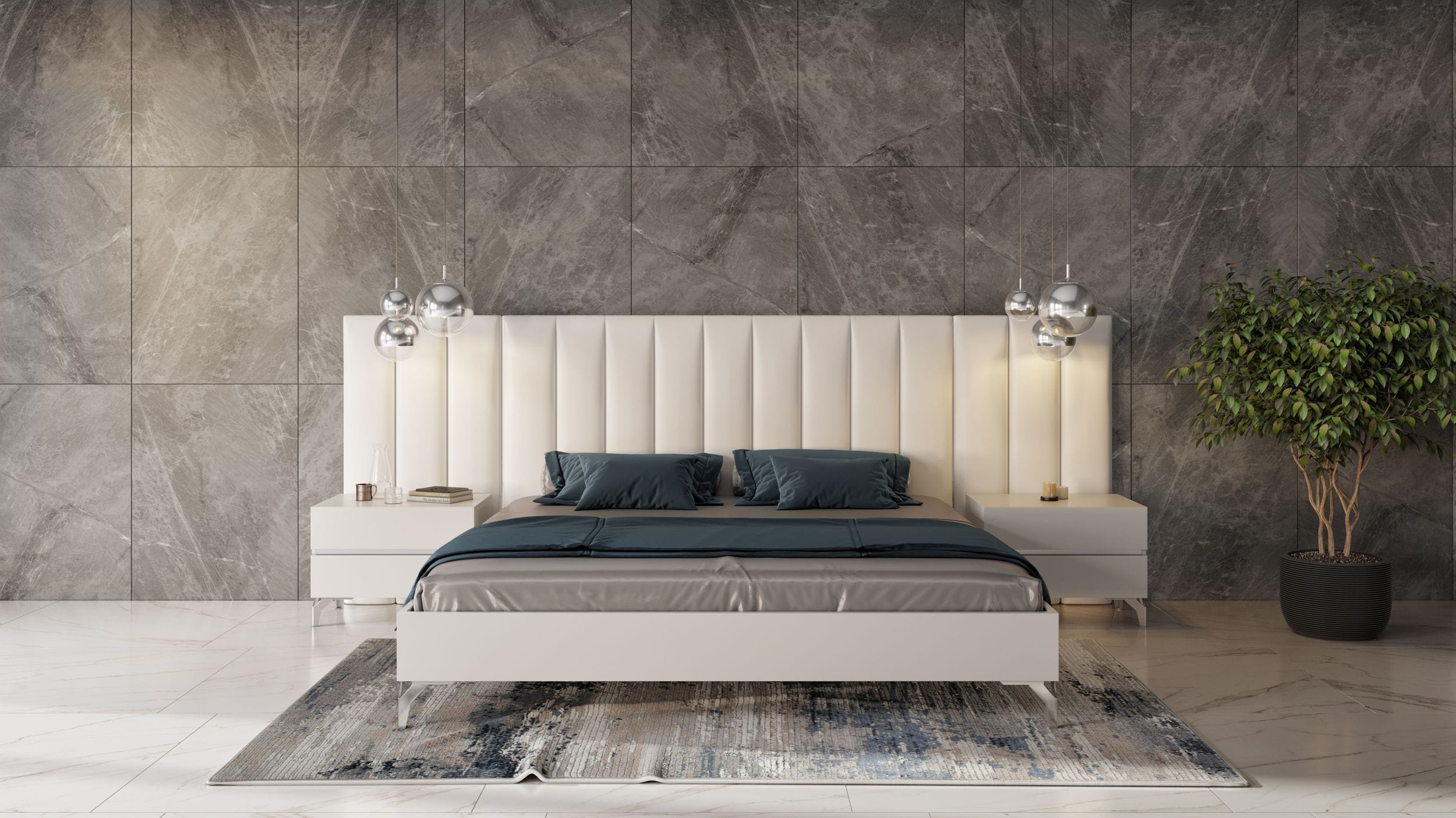 Nova Domus Angela Eastern King Italian Modern White Eco Leather Bed With Nightstands And Wings Model VGACANGELA-SET-WINGS-EK