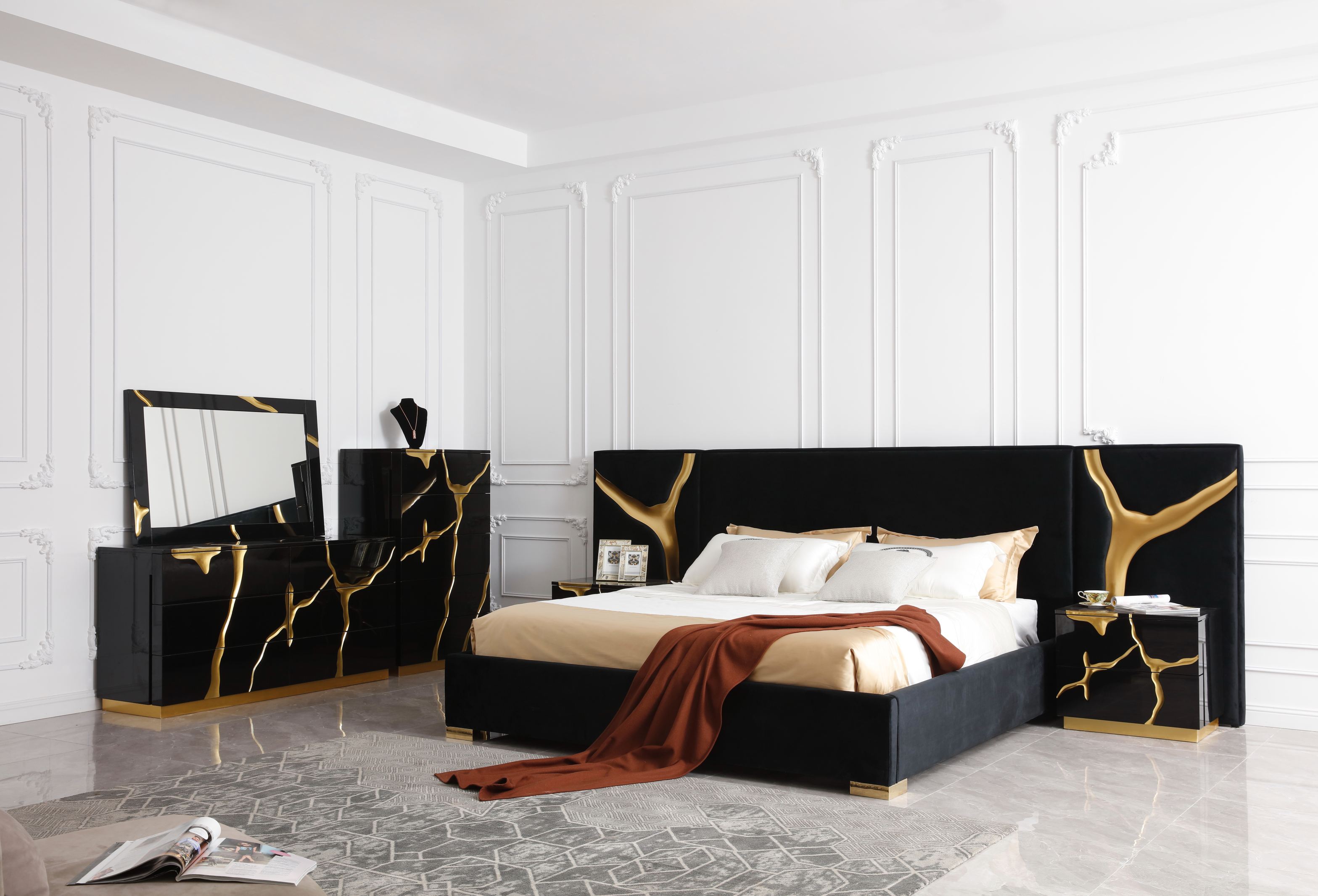 Modrest Aspen Eastern King Modern Black & Gold Bed With Nightstands Model VGVCBD1801-BLK-BED-2NS-SET-EK