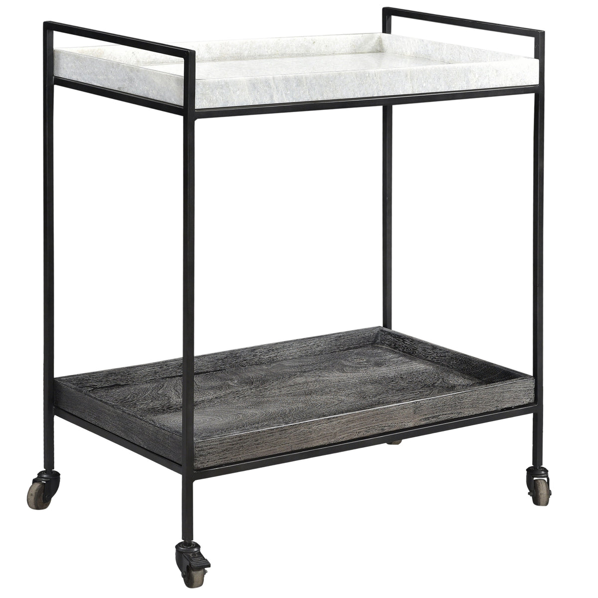 Cortana Black Wood Finish, Gunmetal Iron, and White Marble Bar Cart  Model BB144