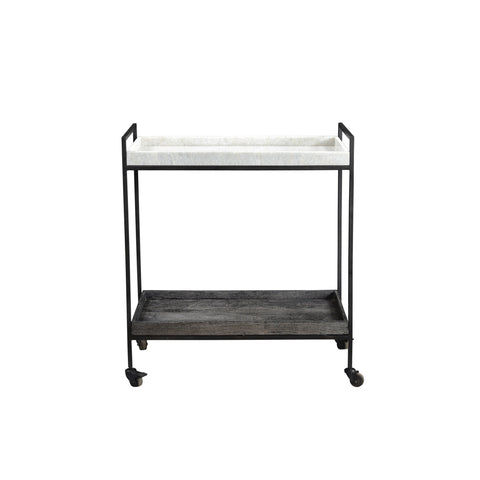 Cortana Black Wood Finish, Gunmetal Iron, and White Marble Bar Cart  Model BB144