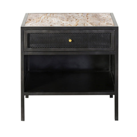 Alaina White Marble, Antique Black Finish with Brass Hardware Nightstand
