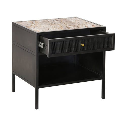 Alaina White Marble, Antique Black Finish with Brass Hardware Nightstand