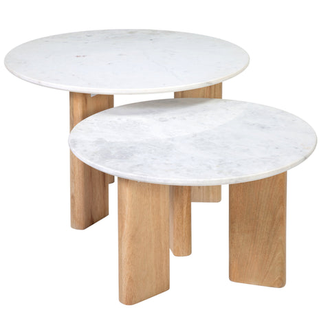 Bryn White Marble and Natural Wood Finish Coffee Table Set Of 2