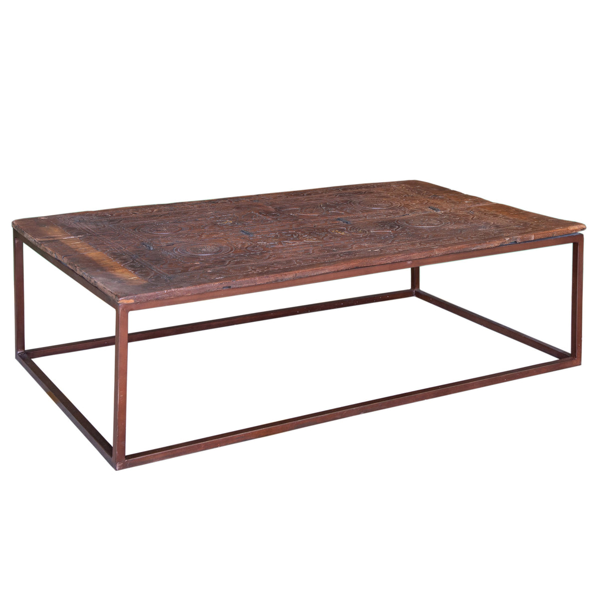 Old Antique Lacquer Teak Plank Coffee Table On Iron Base