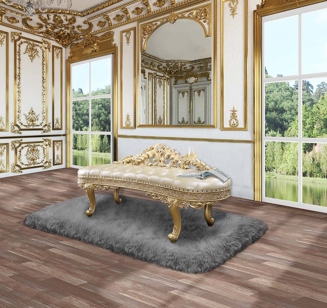 ACME Cabriole Light Gold PU & Gold Finish Cabriole Bench Model BD01468