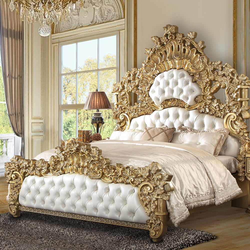 ACME Bernadette White PU & Gold Finish Bernadette Eastern King Bed Model BD01474EK