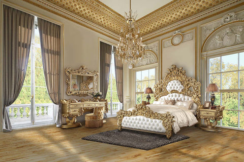 ACME Bernadette White PU & Gold Finish Bernadette Eastern King Bed Model BD01474EK