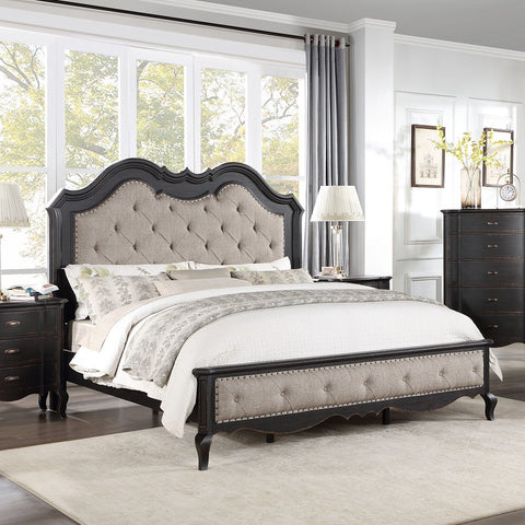 ACME Chelmsford Beige Fabric Antique Black California King Bed Model BD02294CK